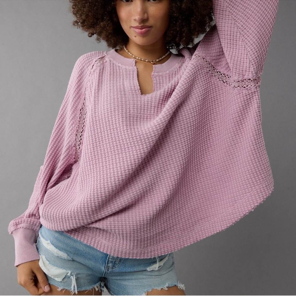 American Eagle Outfitters Lilac Knit Waffle Long-Sleeve Hoodie